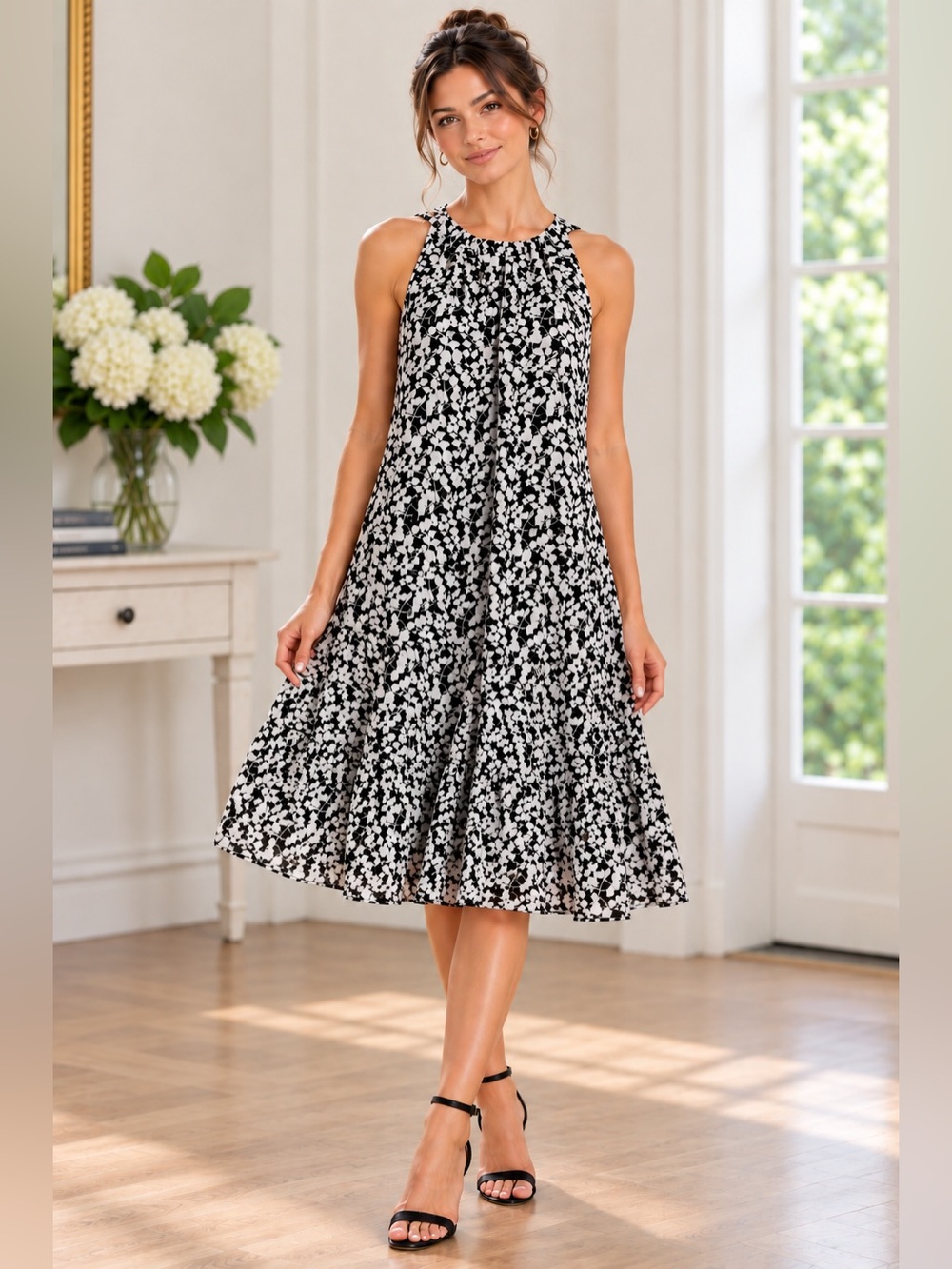 MSK Petite Black White Floral Sleeveless Tiered Dress 8P